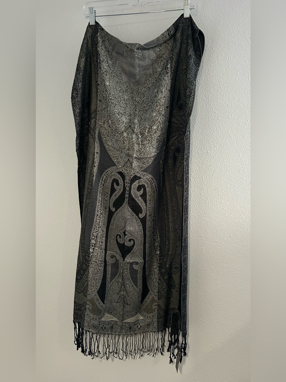 Vince Camuto Black and Silver Paisley Fringe Wrap Scarf